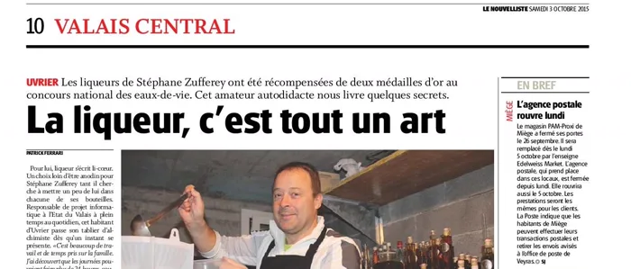 Article du Nouvelliste du 3 octobre 2015 : La liqueur, c'est tout un art