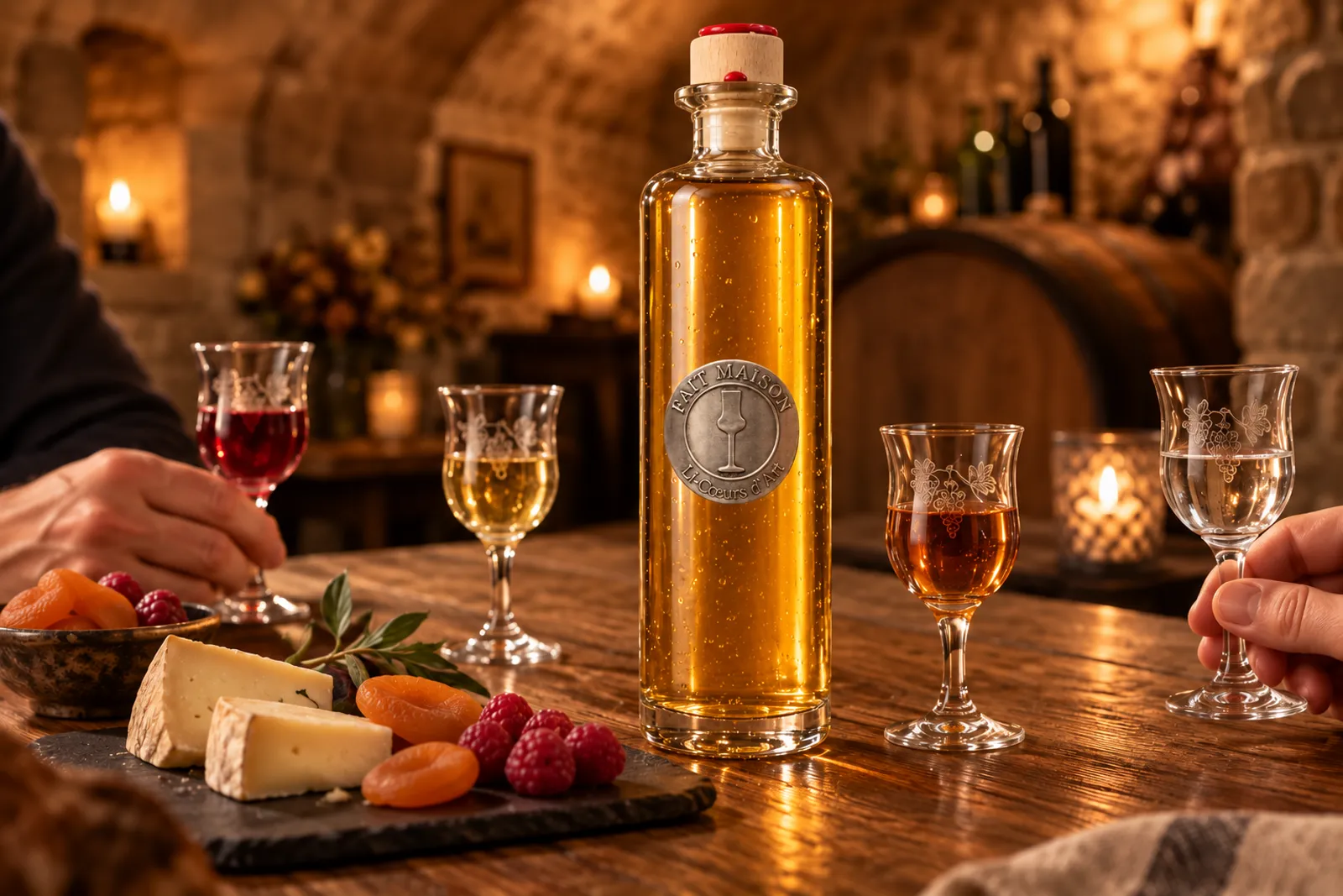 Dégustation de liqueurs à l'atelier, verres, fromage et fruits secs