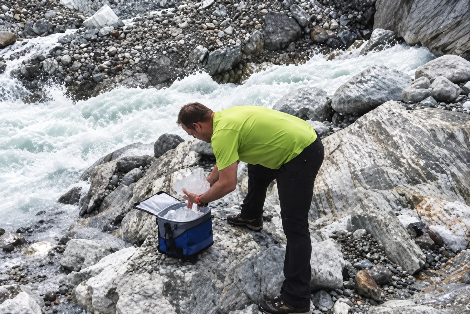 Stéphane récolte des blocs de glace au bord d'un torrent glaciaire du val d'Hérens