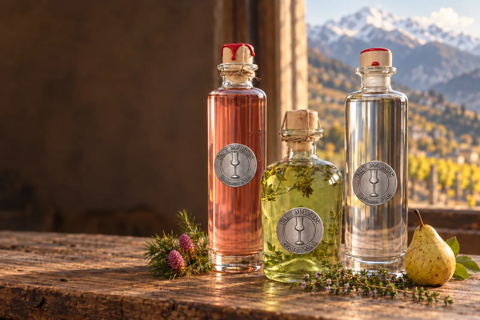 Les liqueurs de fleurs de mélèze, de thym et de poire William sur l'établi de l'atelier, les Alpes valaisannes derrière la fenêtre